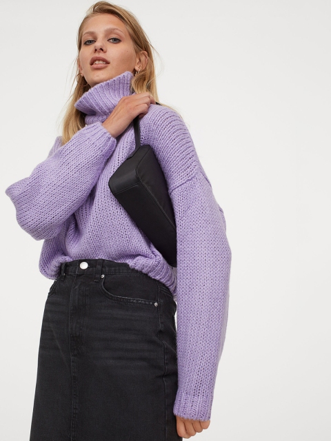 

H&M Women Lavender Chunky-Knit Polo-Neck Jumper
