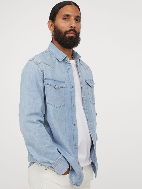 

H&M Men Blue Solid Cotton Denim Shirt