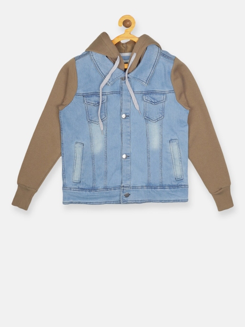

Instafab Boys Blue & Olive Brown Colourblocked Windcheater Denim Jacket