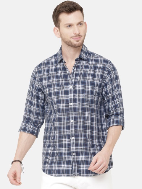 

CAVALLO by Linen Club Men Cotton Linen Blue & White Regular Fit Checked Casual Shirt