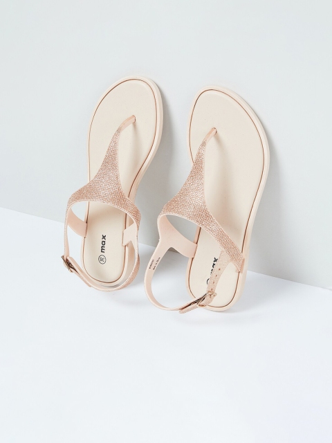 

max Women Gold-Toned Solid PU T-Strap Flats