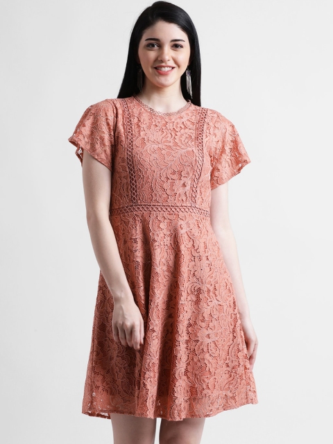 

Zink London Women Coral Pink Self Design Fit and Flare Dress