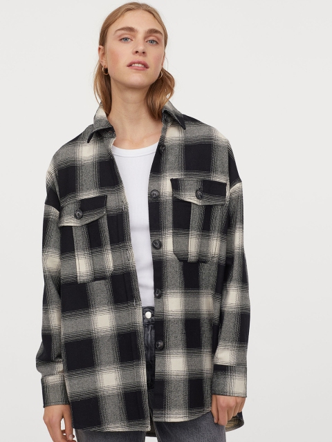 

H&M Women Black & Off-White Cotton Flannel Shirt