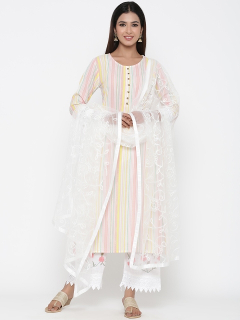 

Silai Bunai Women Yellow & White Striped Kurta with Palazzos & Dupatta