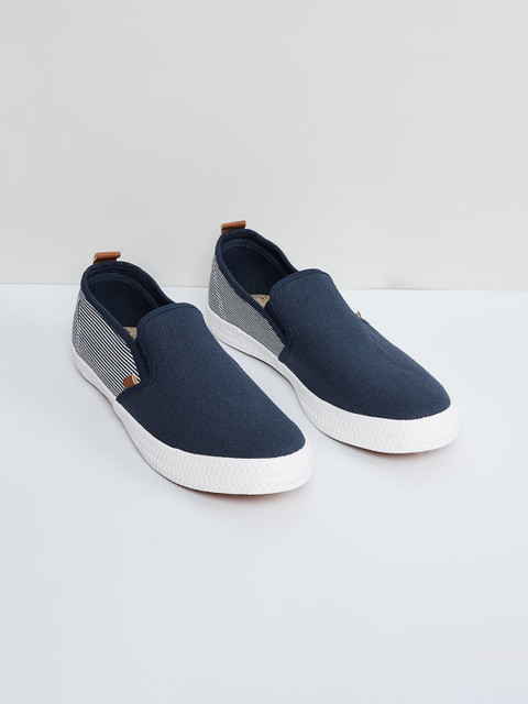 

max Men Navy Blue & White Striped Slip-On Sneakers