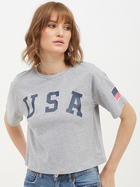 

Harpa Women Grey Printed Round Neck Pure Cotton T-shirt