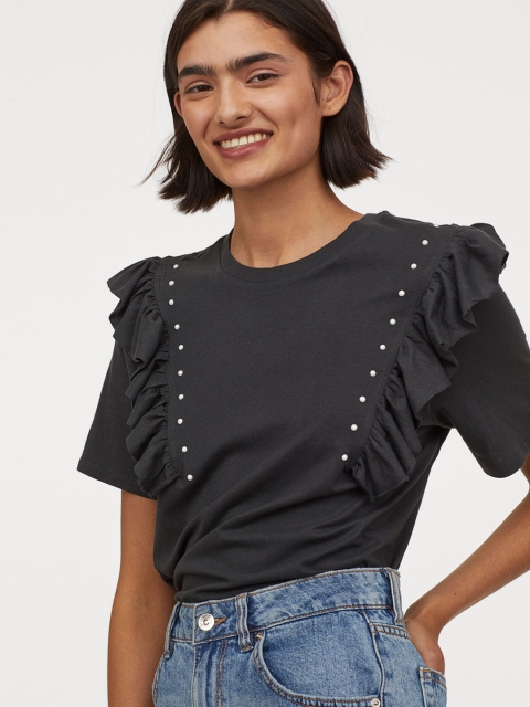 

H&M Women Grey Flounced T-Shirt