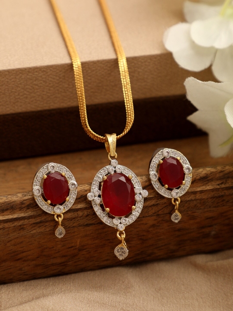 

Bhana Fashion Gold-Plated Red & White AD-Studded Jadau Jewellery Set