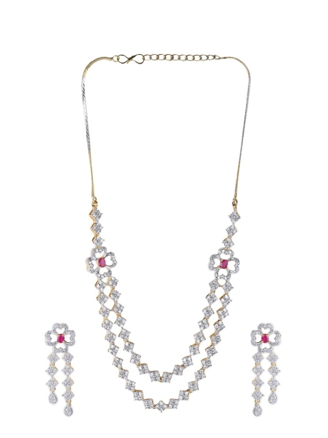 

Bhana Fashion Gold-Plated White & Magenta AD-Studded Jadau Jewellery Set