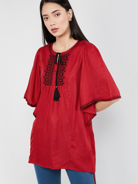 

max Women's Red & Black Embroidered Tunic