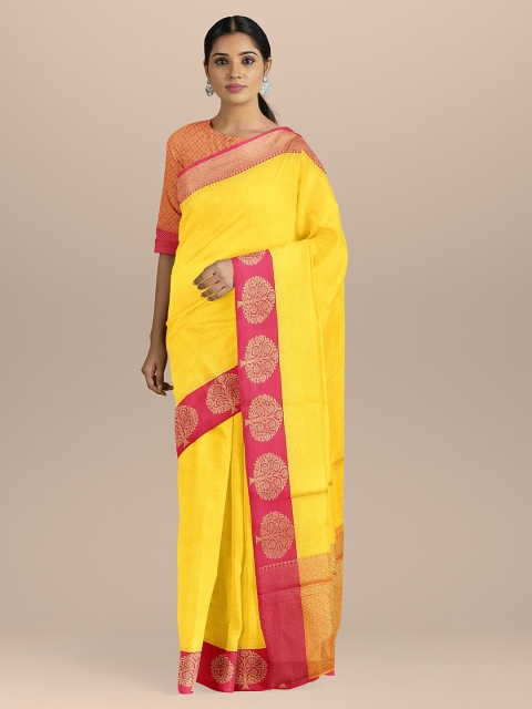 

BharatSthali Yellow & Pink Kanjivaram Silk Solid Sustainable Saree