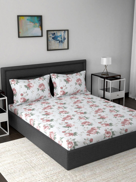 

MASPAR White & Pink Floral 200 TC Cotton 1 King Bedsheet with 2 Pillow Covers
