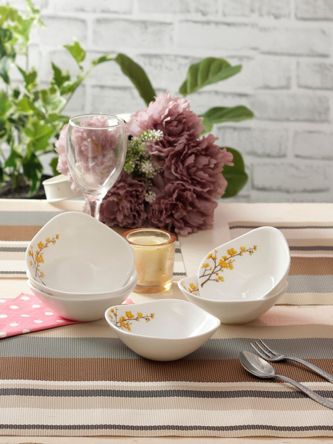 

Laopala White & Orange 6 Pcs Printed Opalware Bowls Set 175 ml each