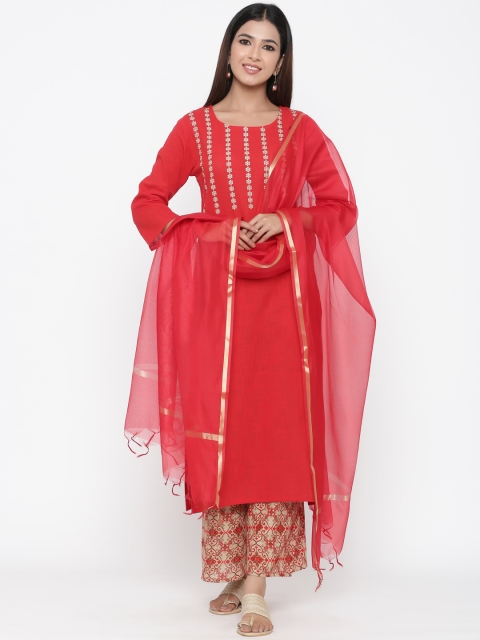 

Silai Bunai Women Red & Beige Embroidered Kurta with Palazzos & Dupatta