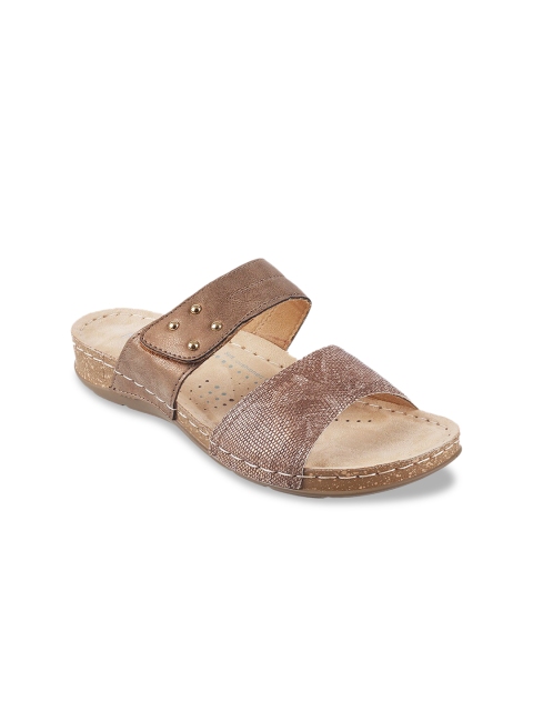 Mochi Women Rose Gold Textured Open Toe Flats