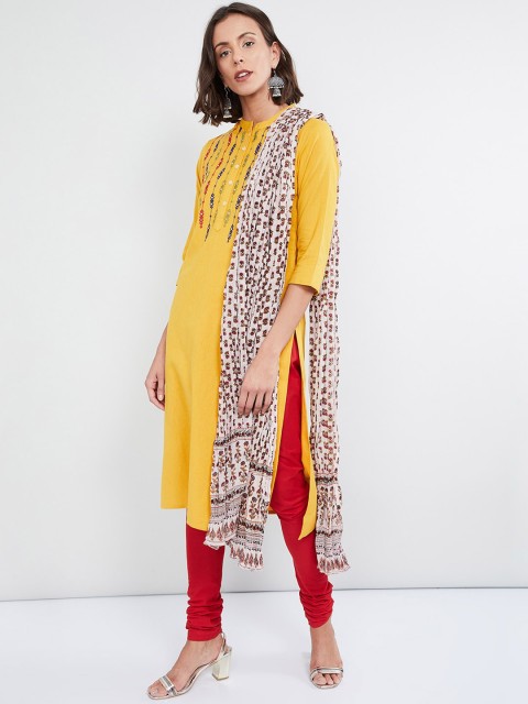 

max Women Yellow & Red Printed Kurta with Churidar & Dupatta