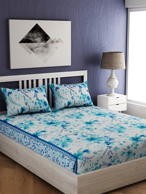 

EverHOME Blue & White Floral 144 TC Cotton 1 Queen Bedsheet with 2 Pillow Covers
