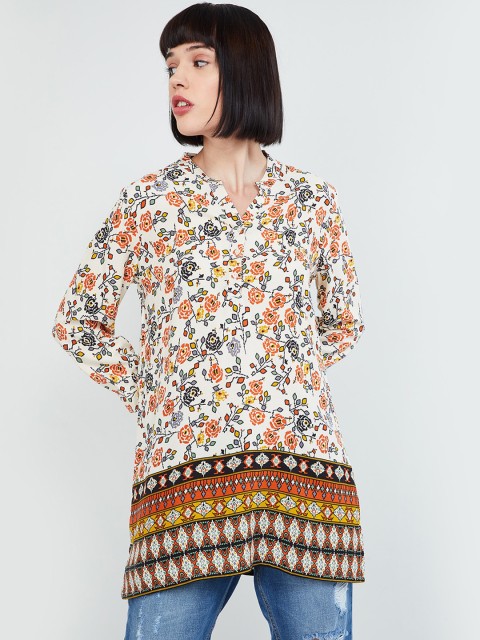 

MAX Floral Print Tunic with Mandarin Collar, Cream