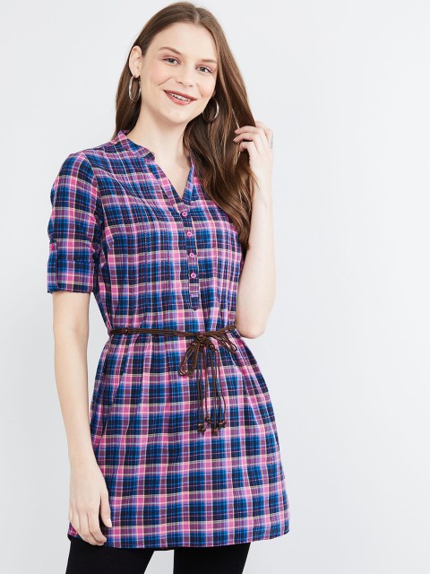 

max Women's Pink & Blue Checked Tunic