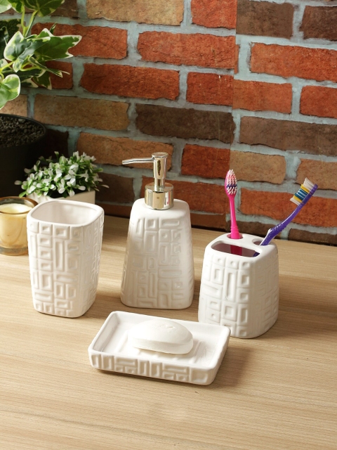 

House Of Accessories White Textured 4-Pieces Ceramic Bathroom Accessory Set
