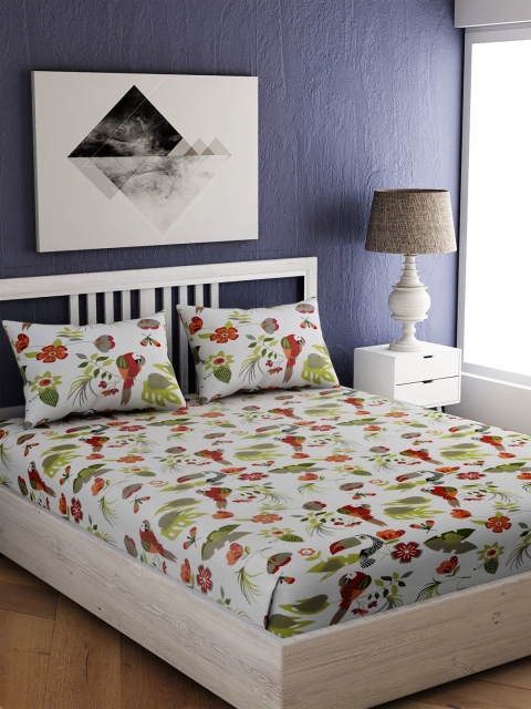 

EverHOME White & Green Floral 144 TC Cotton 1 Queen Bedsheet with 2 Pillow Covers