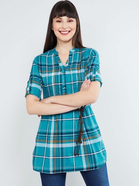 

MAX Women Blue Checked Roll-Up Sleeves Checked Tunic