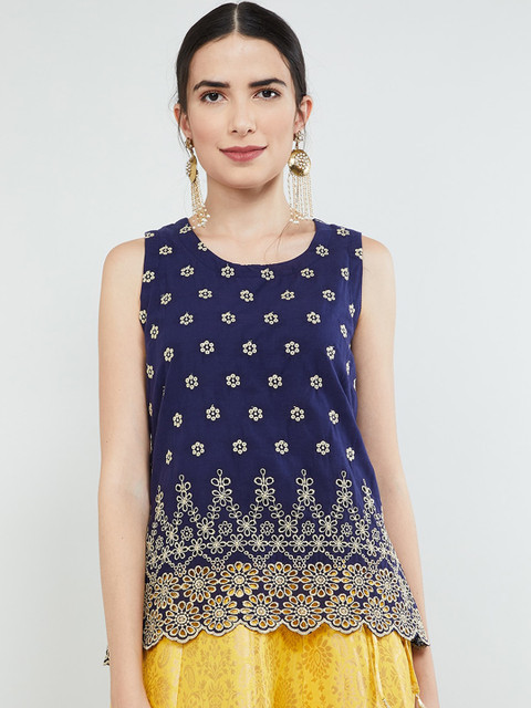 

max Women Navy Blue Embroidered A-Line Top