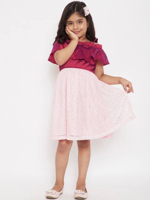 

Stylo Bug Girls Pink & Maroon Colourblocked Fit and Flare Dress