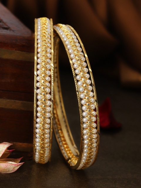 

Rubans Set Of 2 Gold-Plated & White Pearl-Studded Handcrafted Bangles