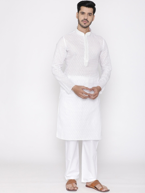 

Manyavar Men White Self Design Kurta with Churidar