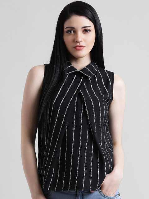 

Zink London Women Black Striped A-Line Top