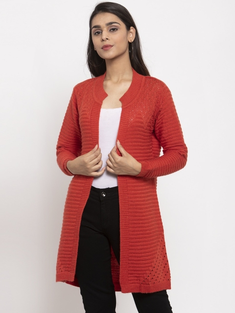 

VANYA Women Orange Self Design Front-Open Sweater
