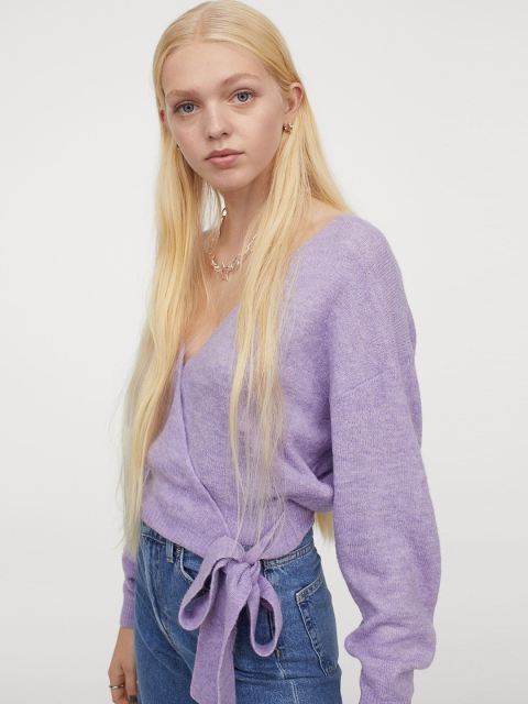 

H&M Women Purple Knitted Wrapover Cardigan