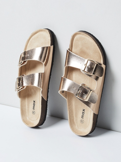 

max Women Gold-Toned Solid PU Open Toe Flats