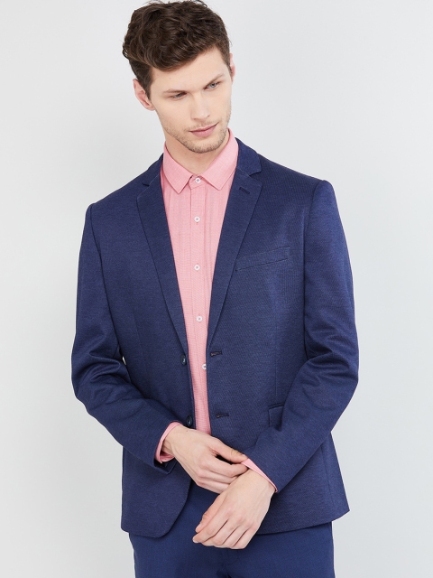 

max Men Navy Blue Solid Regular Fit Single-Breasted Blazer