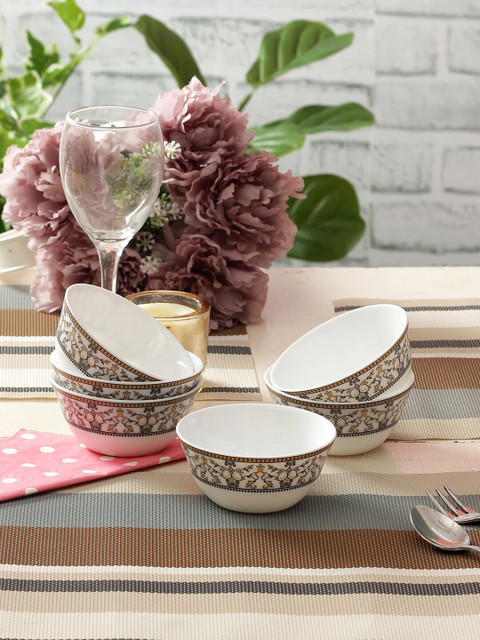 

Laopala Moraccan Gold Set of 6 Pcs Opalware Veg Bowl, White