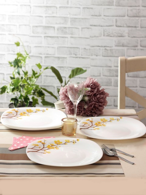 

Laopala Set of 6 Pcs White & Yellow Floral Printed Opalware Full Plates