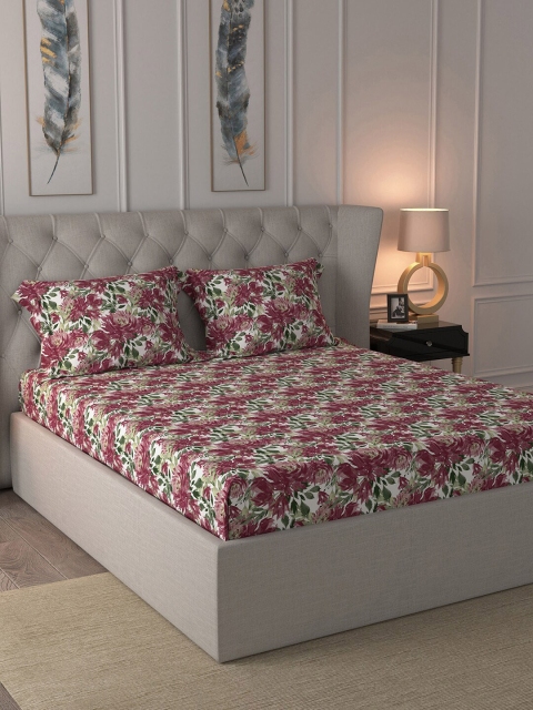 

MASPAR White & Maroon Floral 200 TC Cotton 1 Queen Bedsheet with 2 Pillow Covers