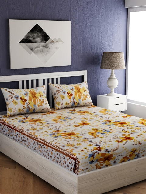 

EverHOME Yellow & Blue Floral 144 TC Cotton 1 Queen Bedsheet with 2 Pillow Covers