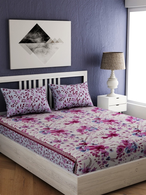 

EverHOME Pink & Purple Floral 144 TC Cotton 1 Queen Bedsheet with 2 Pillow Covers