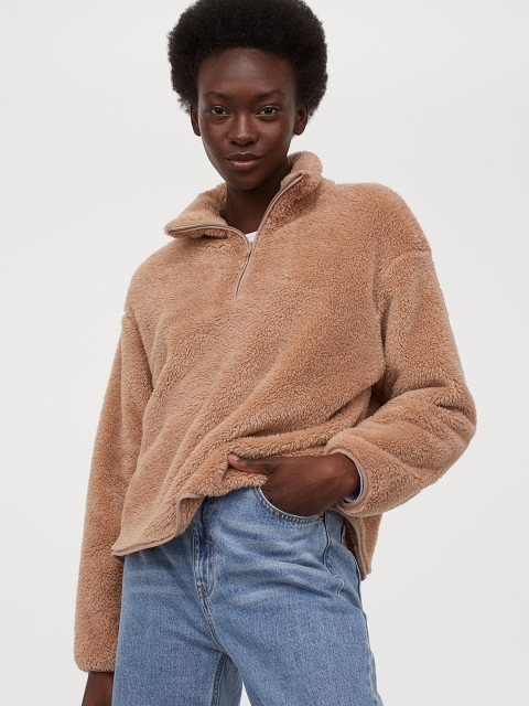 

H&M Women Beige Solid Faux Shearling Top
