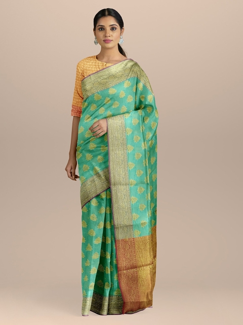 

BharatSthali Turquoise Blue & Gold-Toned Silk Cotton Woven Design Uppada Saree