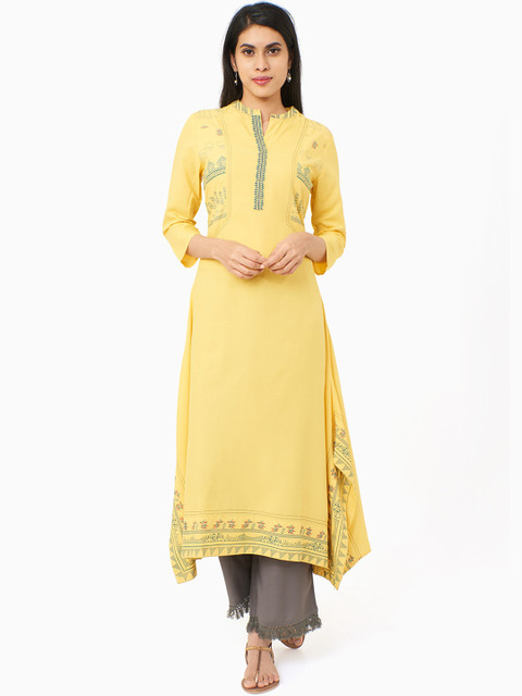 

IMARA Women Yellow & Green Printed A-Line Kurta