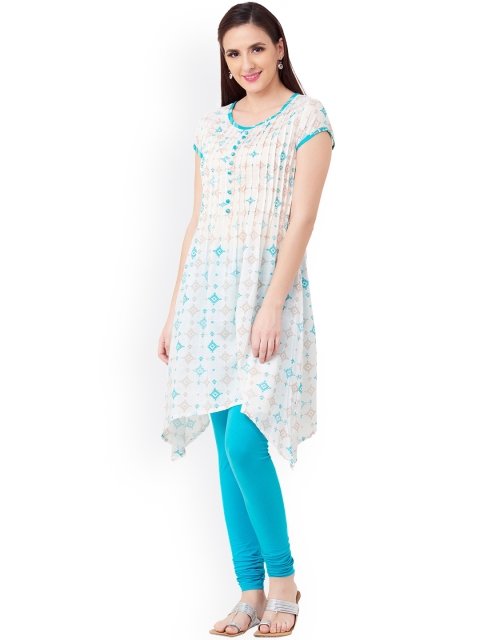 

IMARA Women White & Blue Printed A-Line Kurta