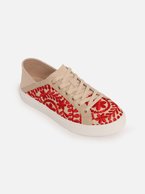 

ALDO Women Beige & Red Woven Design Sneakers