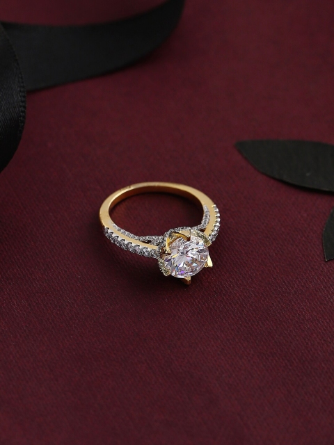 

Tistabene Yellow Gold-Plated & White AD-Studded Six Prong Set Solitaire Finger Ring