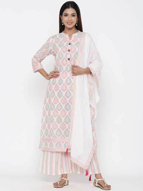 

Silai Bunai Women Off-White & Pink Printed Kurta with Palazzos & Dupatta