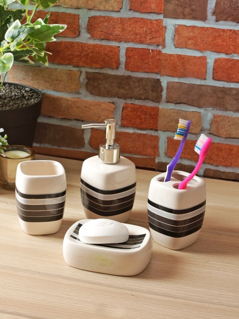 

House Of Accessories White & Black Striped Ceramic Four Piece Bathroom Accessories Set