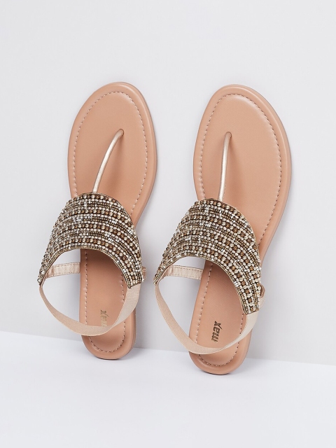 

max Women Gold-Toned Embellished PU Open Toe Flats