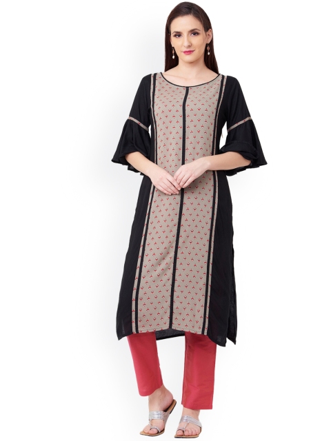 

IMARA Women Black & Taupe Printed A-Line Kurta